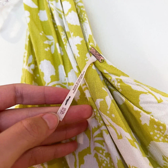 Free People Lime Floral One Shoulder Bohemian Preppy Side Tie Bow Top Blouse XS - Picture 7 of 8